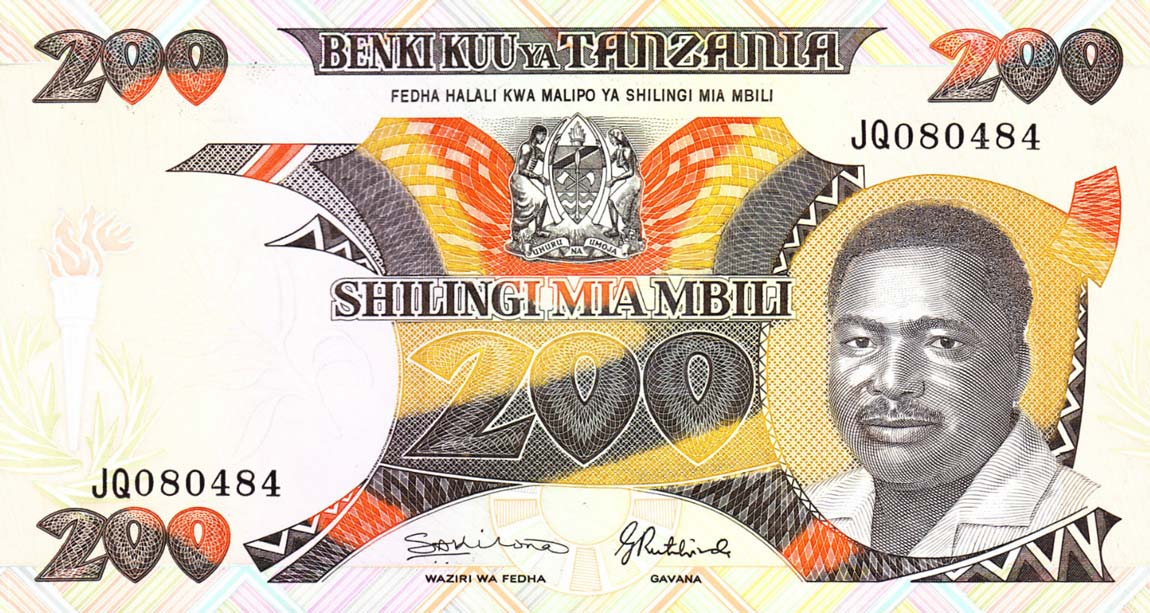 Front of Tanzania p20: 200 Shilingi from 1992