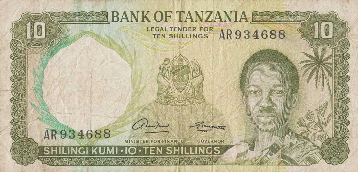 Front of Tanzania p2a: 10 Shillings from 1966