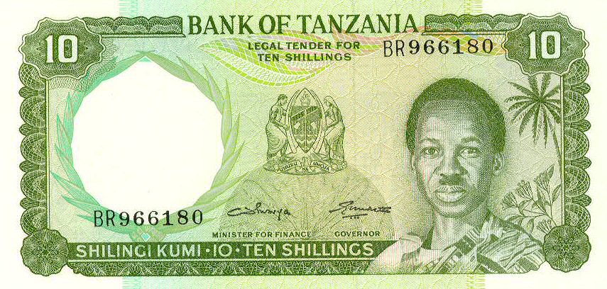 Front of Tanzania p2b: 10 Shillings from 1966