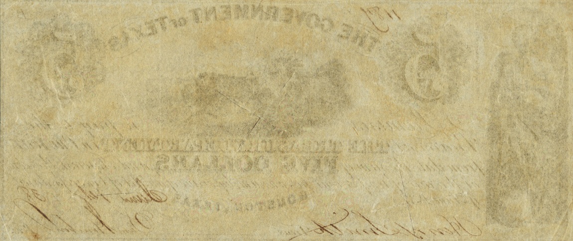 Back of Texas p18: 5 Dollars from 1838