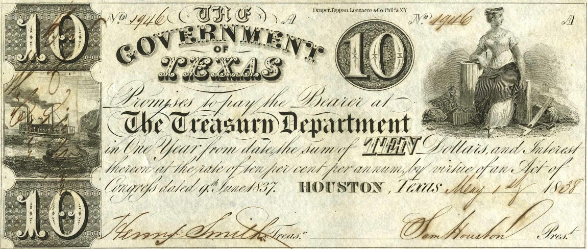 Front of Texas p19: 10 Dollars from 1838
