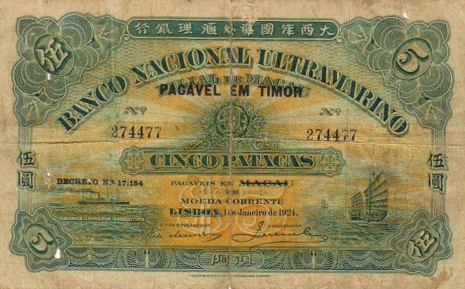 Front of Timor p10: 5 Patacas from 1945