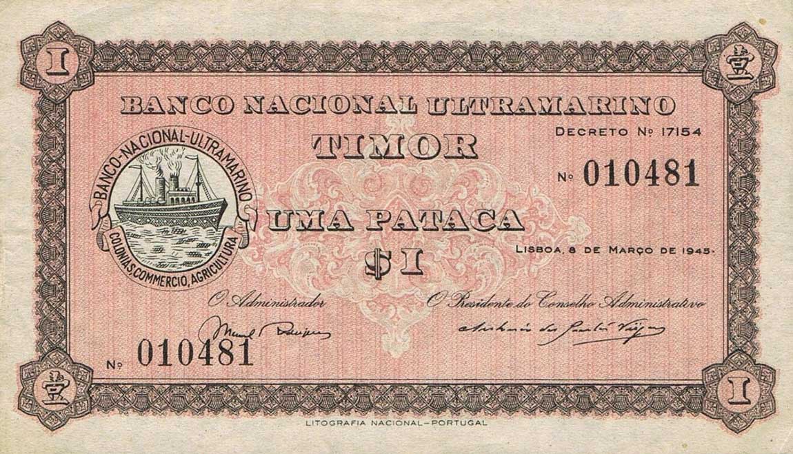 Front of Timor p15: 1 Patacas from 1945