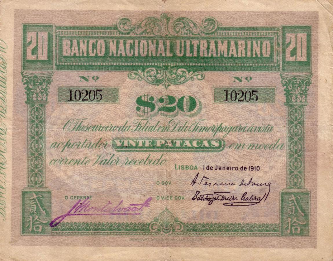 Front of Timor p4: 20 Patacas from 1910