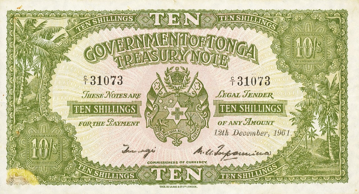 Front of Tonga p10d: 10 Shillings from 1960