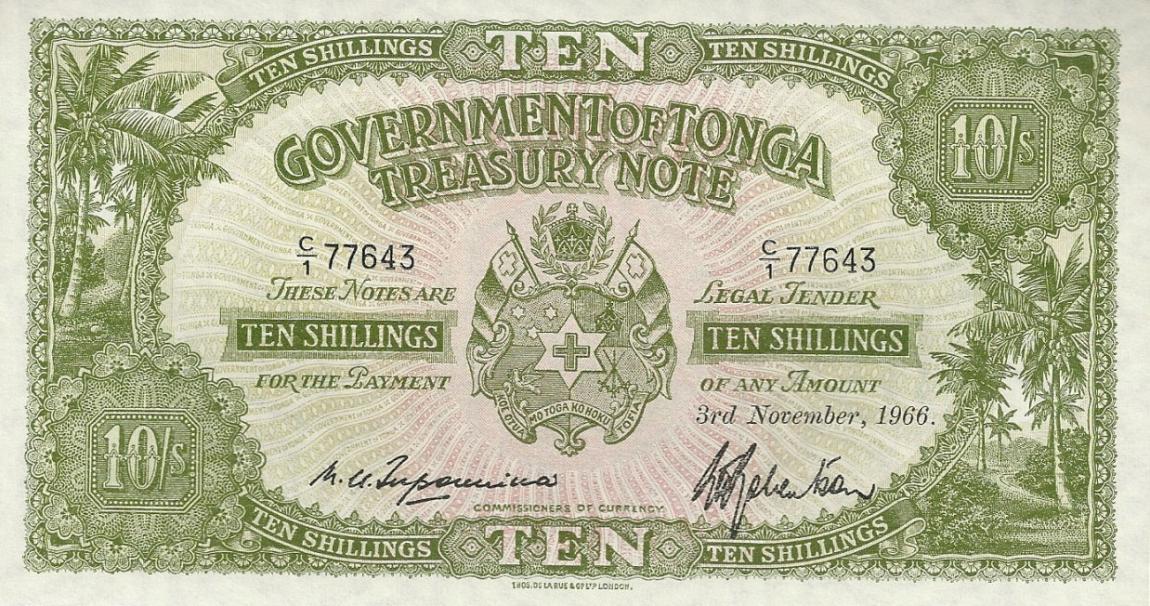 Front of Tonga p10e: 10 Shillings from 1966