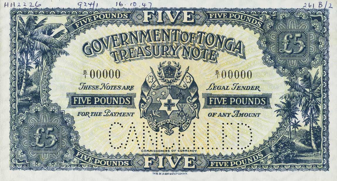 Front of Tonga p12s: 5 Pounds from 1942