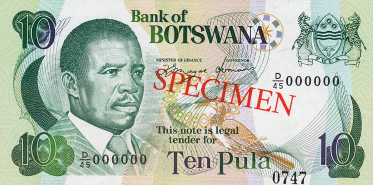 Front of Botswana p12s: 10 Pula from 1992