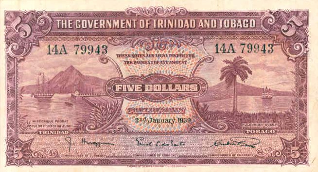Front of Trinidad and Tobago p7b: 5 Dollars from 1939