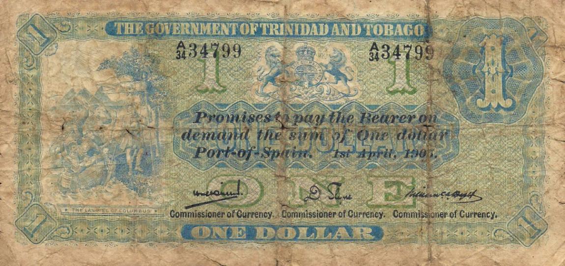 Front of Trinidad and Tobago p1a: 1 Dollar from 1905