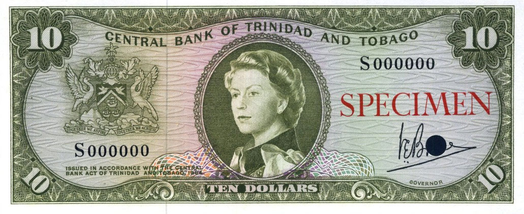 Front of Trinidad and Tobago p28s: 10 Dollars from 1964