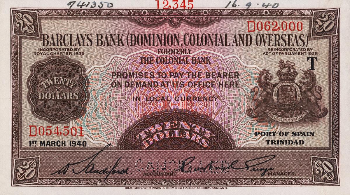 Front of Trinidad and Tobago pS103s: 20 Dollars from 1939