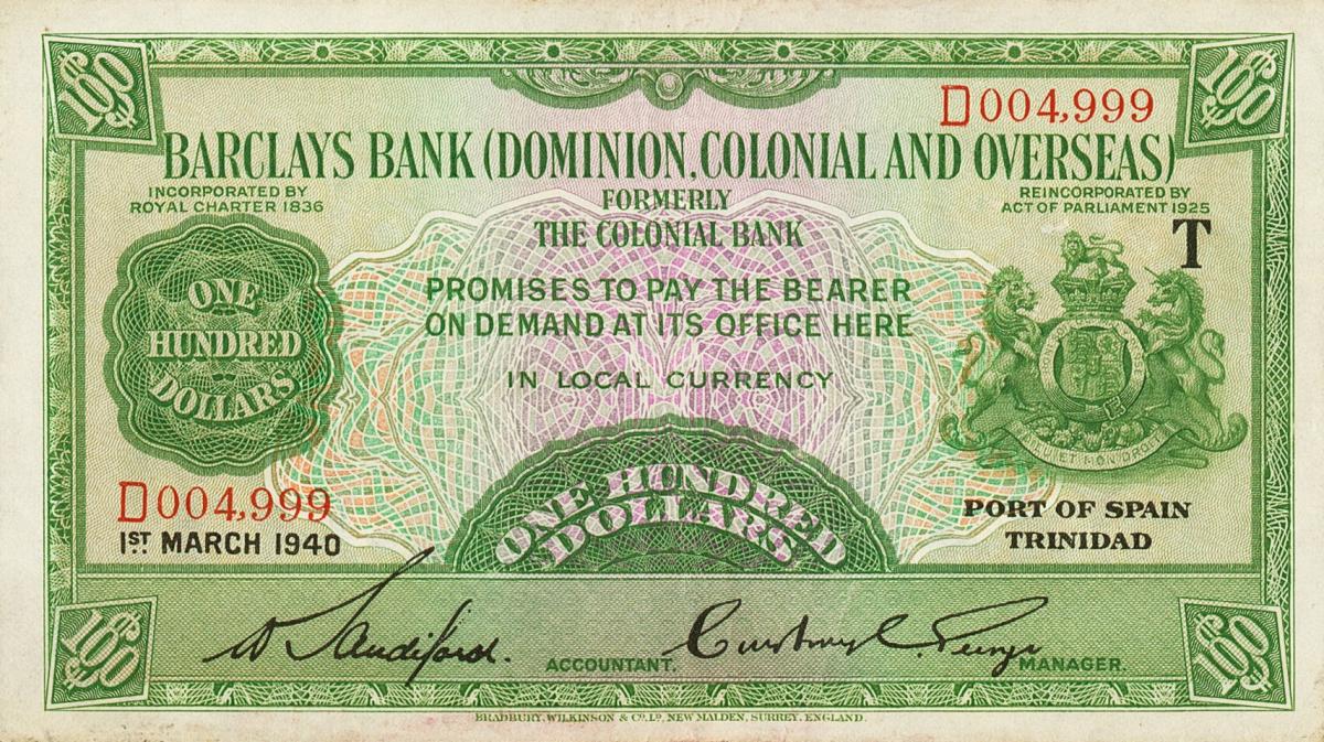 Front of Trinidad and Tobago pS104b: 100 Dollars from 1939