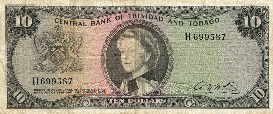 Front of Trinidad and Tobago p28b: 10 Dollars from 1964