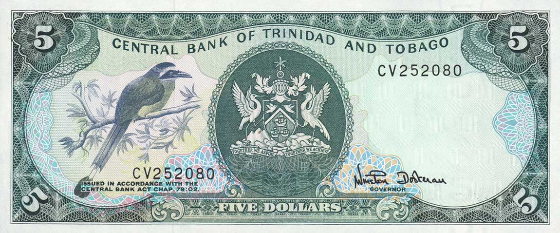 Front of Trinidad and Tobago p37d: 5 Dollars from 1985