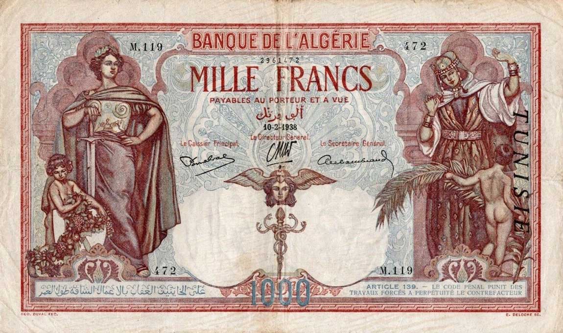 Front of Tunisia p11b: 1000 Francs from 1938