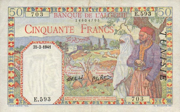 Front of Tunisia p12a: 50 Francs from 1938
