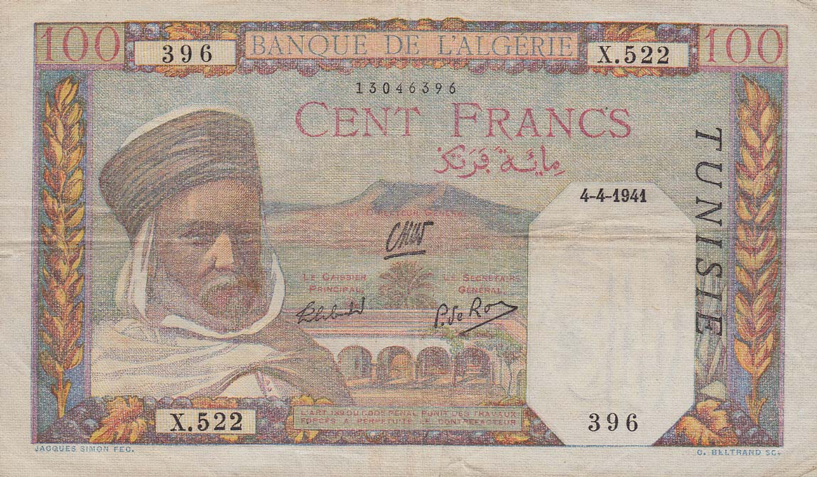 Front of Tunisia p13a: 100 Francs from 1939