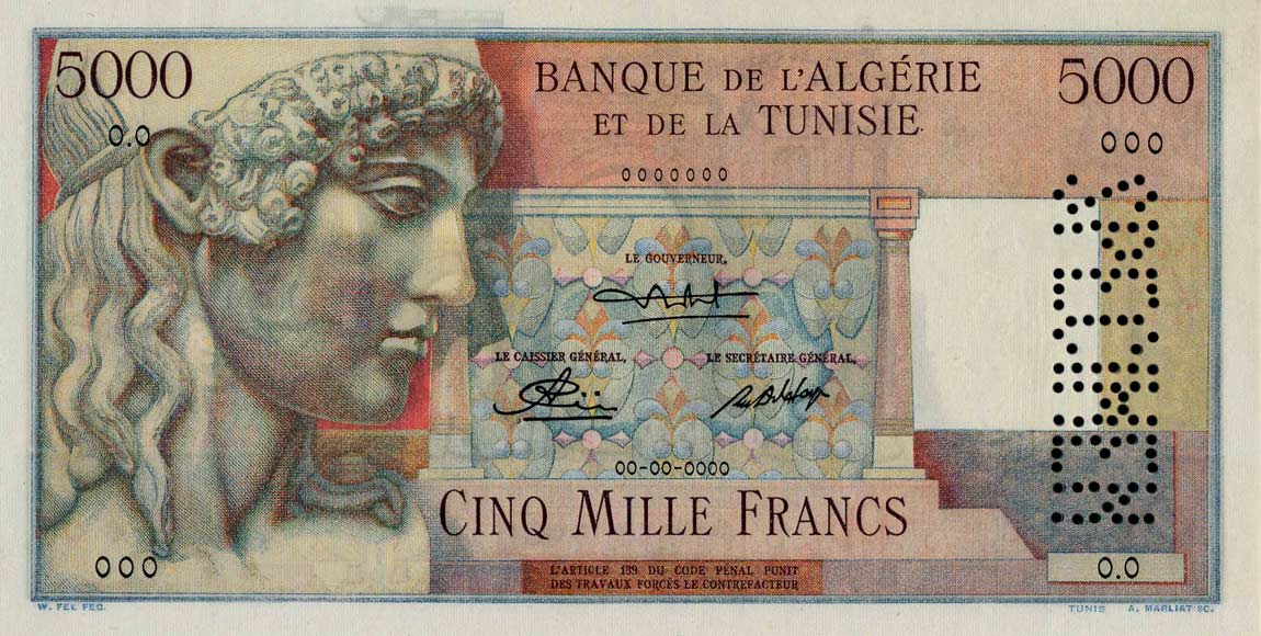 Front of Tunisia p27s: 5000 Francs from 1946
