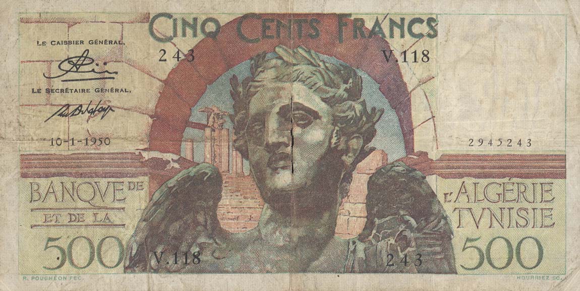 Front of Tunisia p28a: 500 Francs from 1950