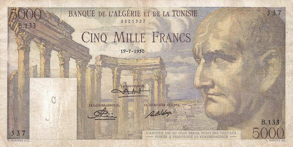 Front of Tunisia p30a: 5000 Francs from 1950