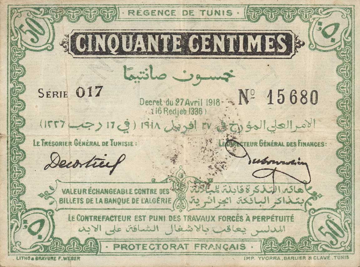 Front of Tunisia p35: 50 Centimes from 1918