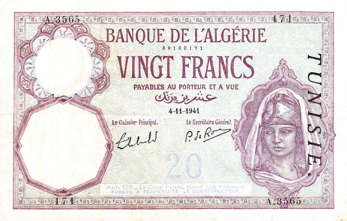Front of Tunisia p6b: 20 Francs from 1929
