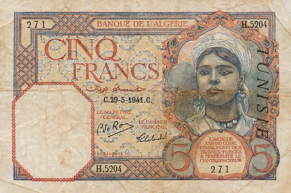 Front of Tunisia p8c: 5 Francs from 1941