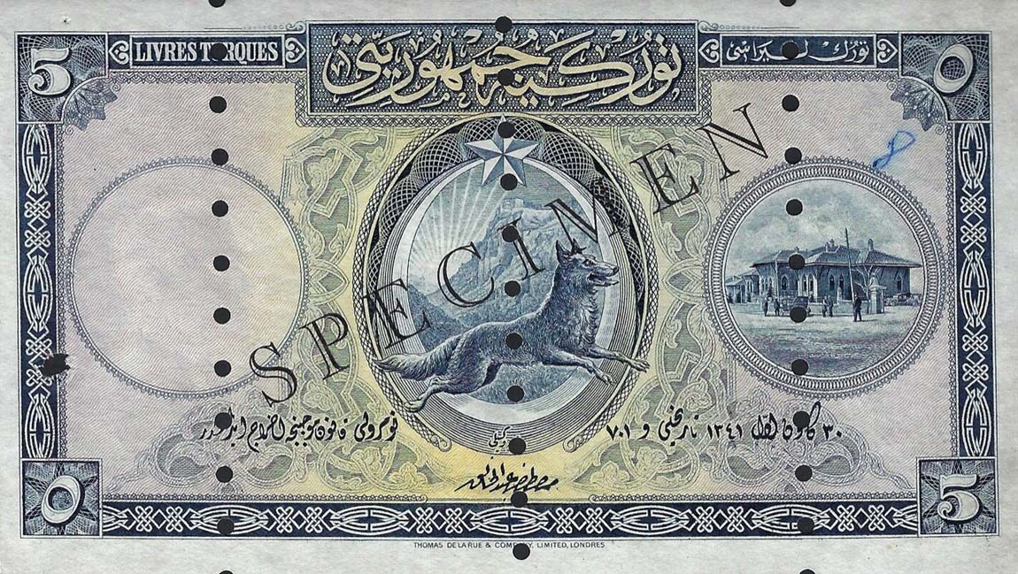 Front of Turkey p120s: 5 Livres from 1926