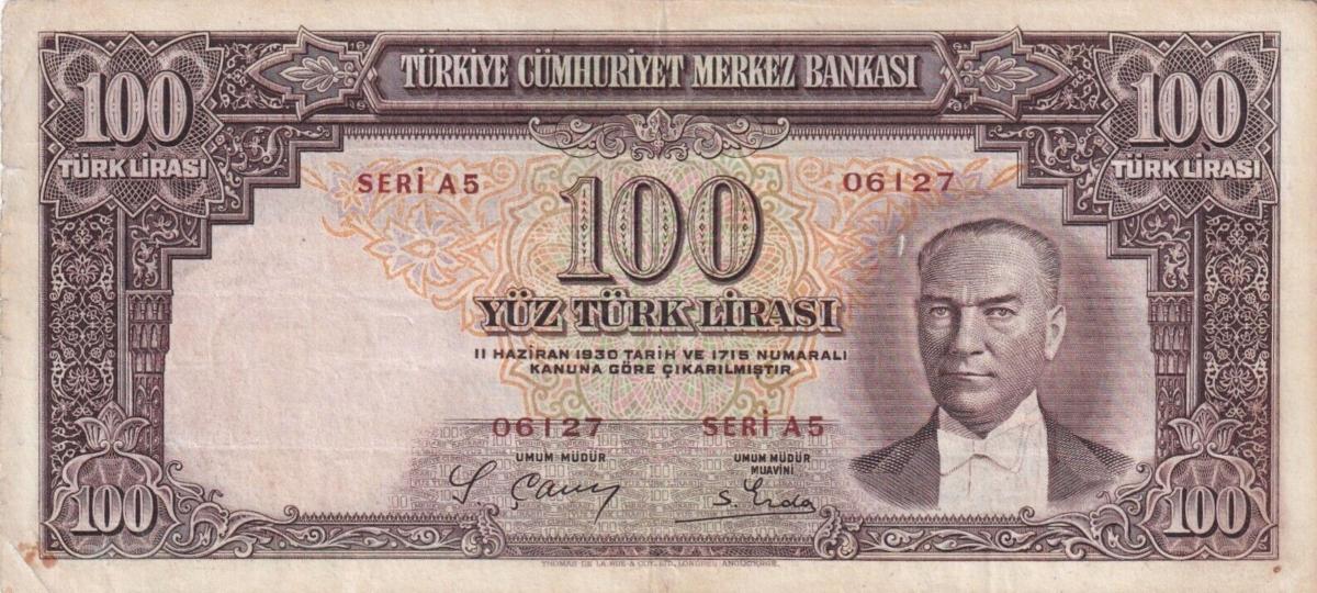 Front of Turkey p130: 100 Lira from 1938