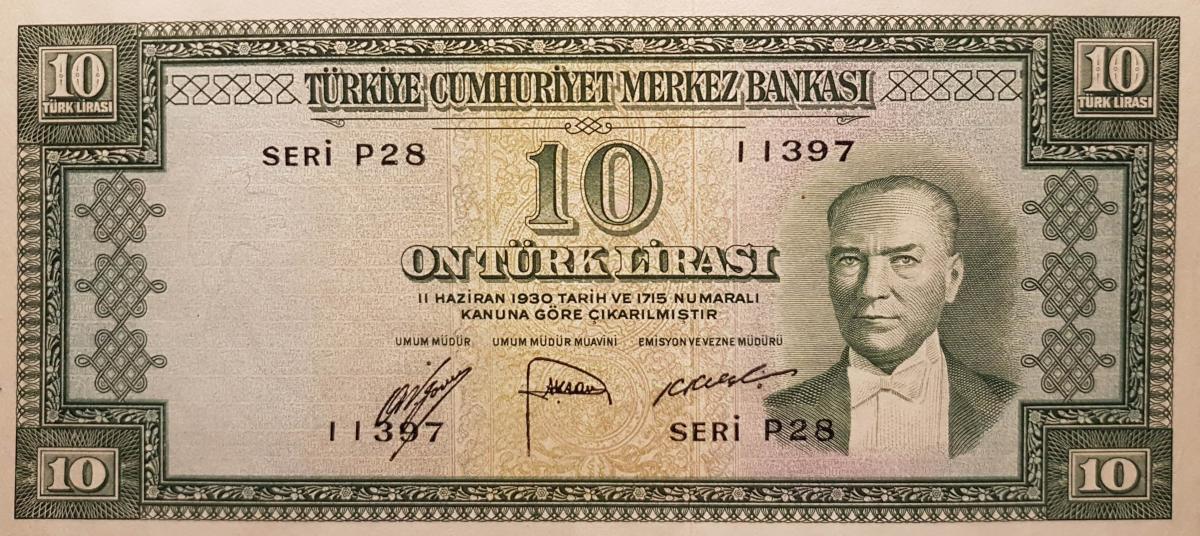 Front of Turkey p157a: 10 Lira from 1952