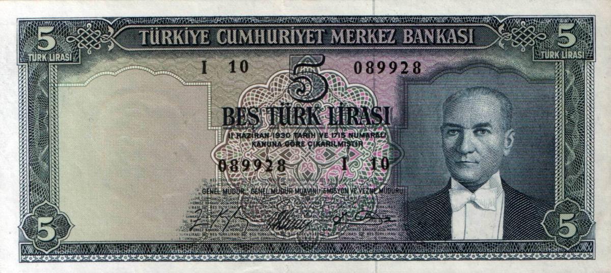 Front of Turkey p174a: 5 Lira from 1965