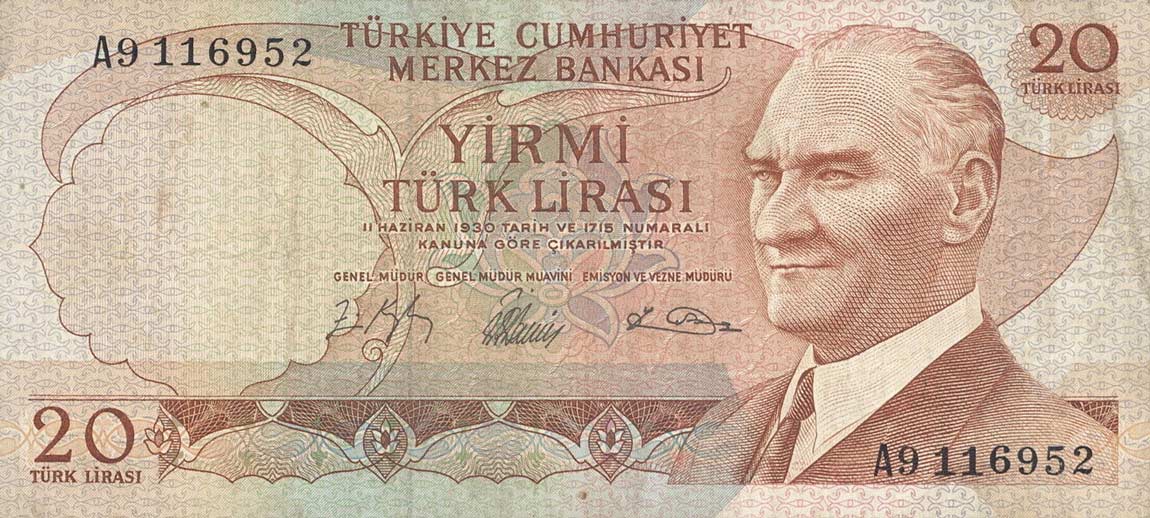 Front of Turkey p181b: 20 Lira from 1930