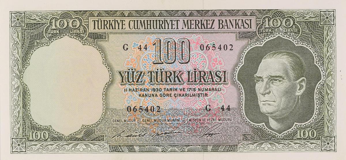 Front of Turkey p182c: 100 Lira from 1930
