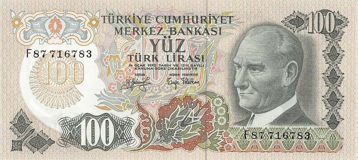 Front of Turkey p189b: 100 Lira from 1970
