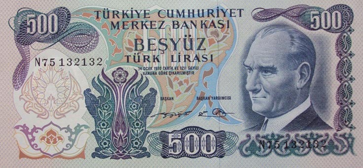Front of Turkey p190a: 500 Lira from 1970