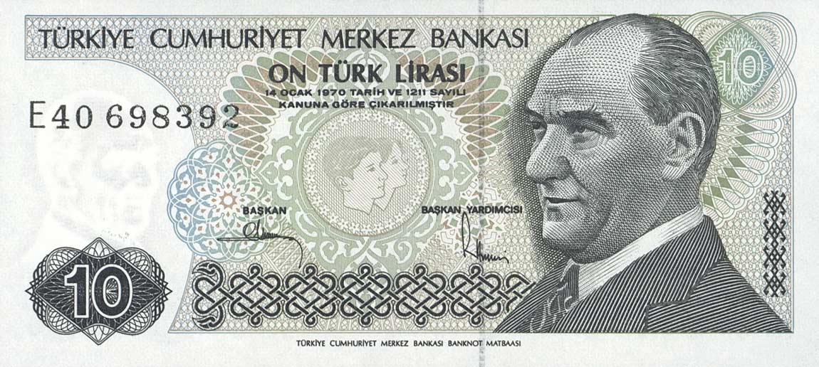 Front of Turkey p193b: 10 Lira from 1970
