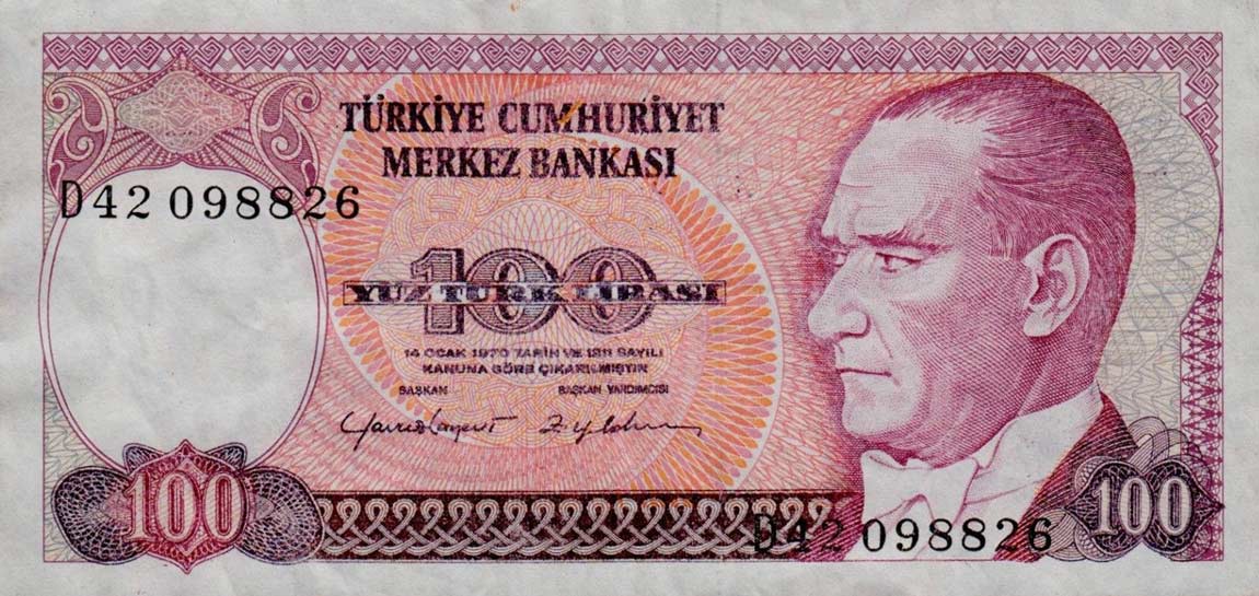 Front of Turkey p194a: 100 Lira from 1970