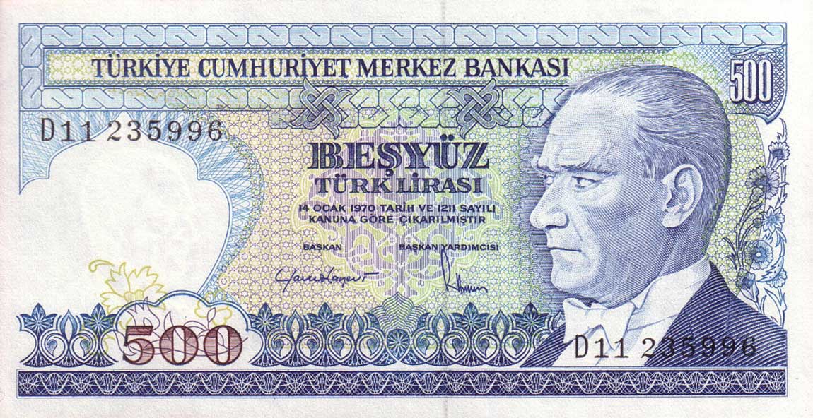 Front of Turkey p195: 500 Lira from 1983