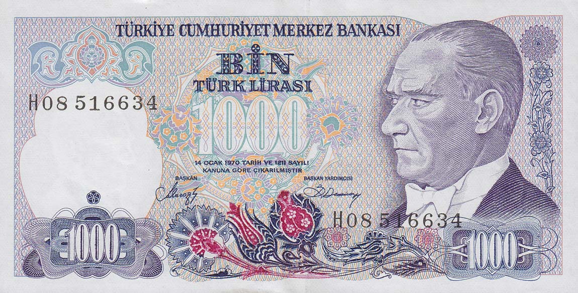 Front of Turkey p196: 1000 Lira from 1970