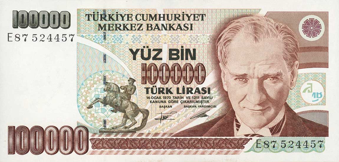 Front of Turkey p205b: 100000 Lira from 1970