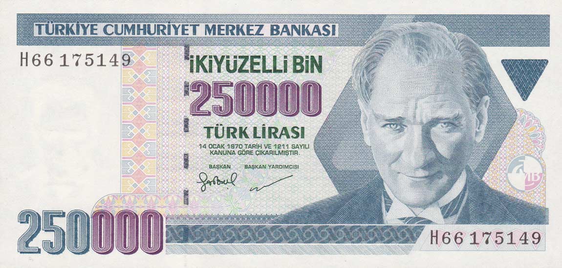 Front of Turkey p211: 250000 Lira from 1970