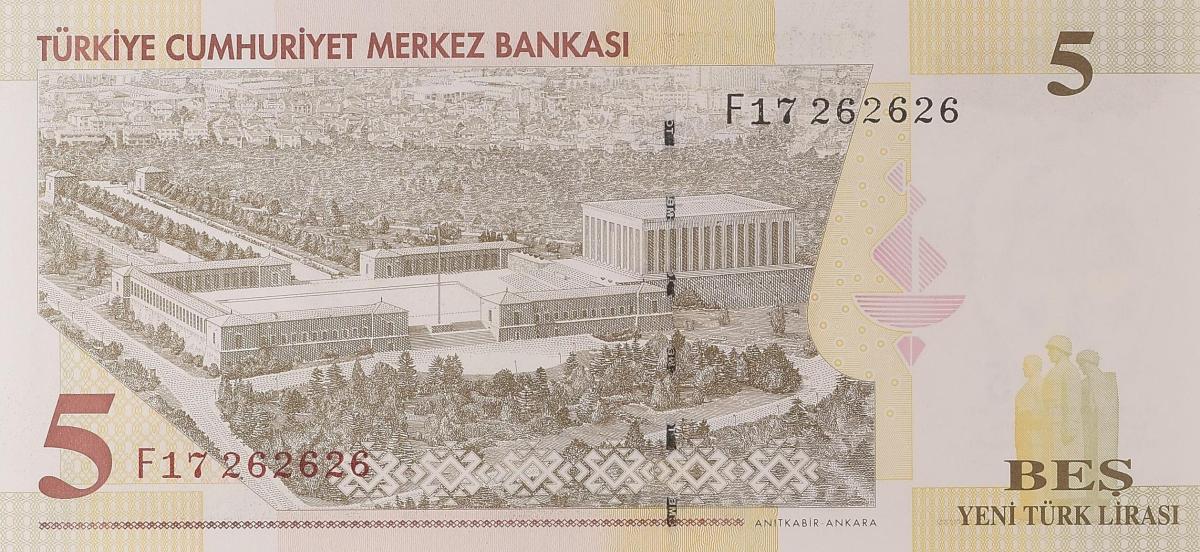 Back of Turkey p217: 5 New Lira from 2005