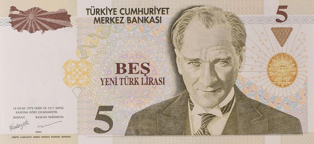 Front of Turkey p217: 5 New Lira from 2005