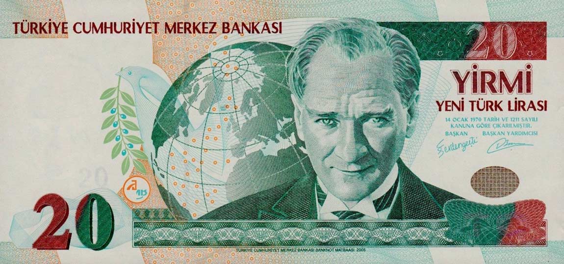 Front of Turkey p219: 20 New Lira from 2005