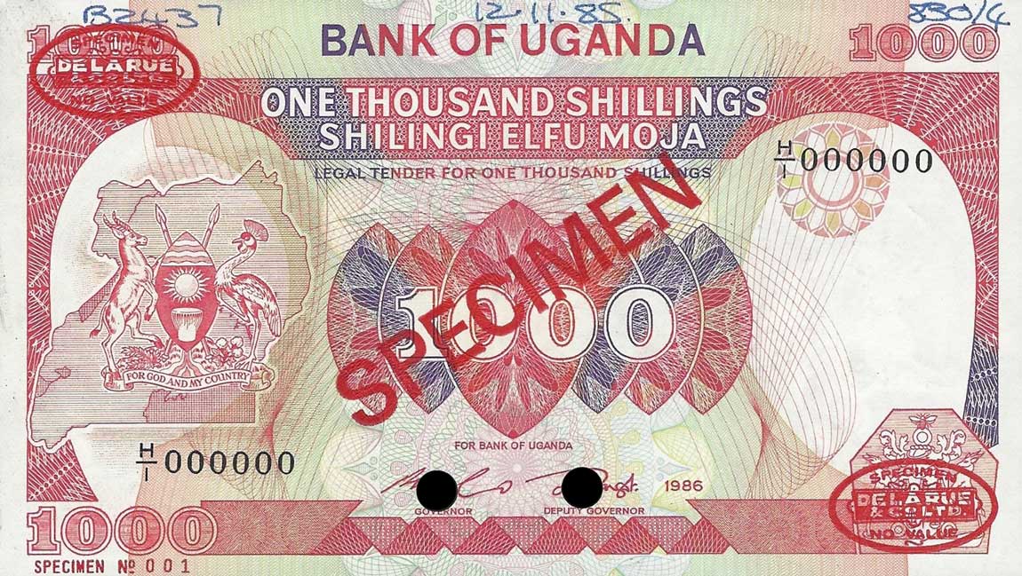 Front of Uganda p26s: 1000 Shillings from 1986