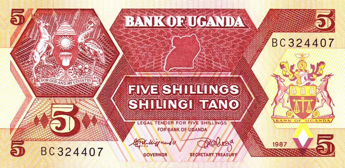 Front of Uganda p27a: 5 Shillings from 1987