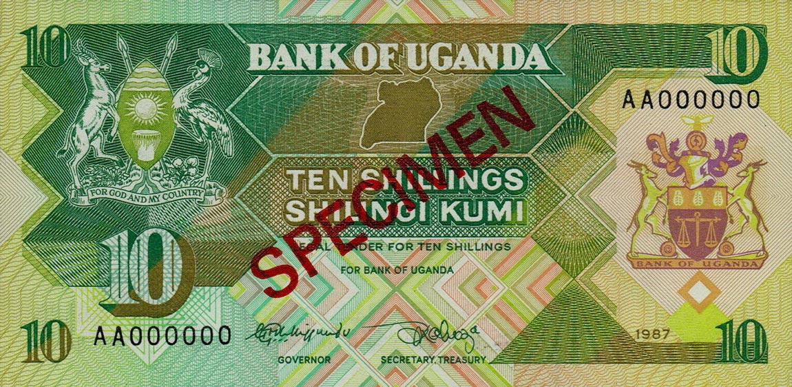 Front of Uganda p28s: 10 Shillings from 1987