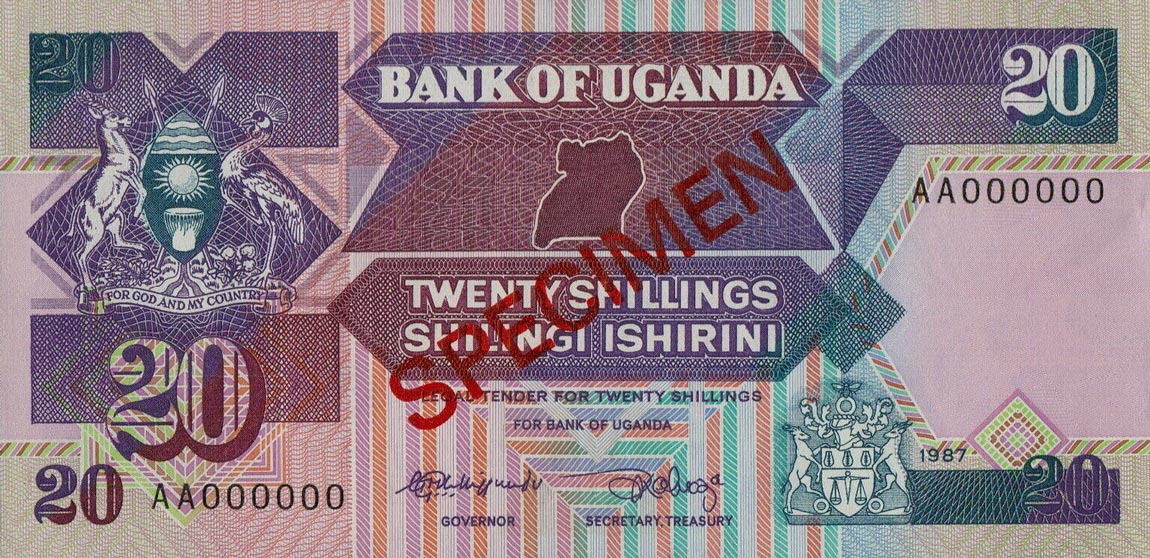 Front of Uganda p29s: 20 Shillings from 1987