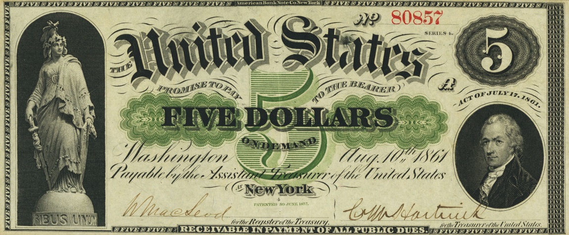 Front of United States p125a: 5 Dollars from 1861
